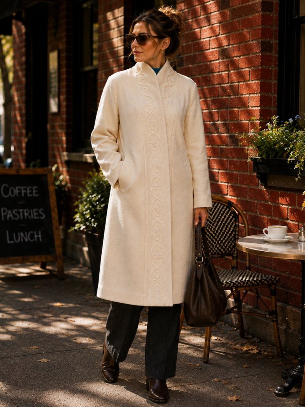 Vintage Jofeld Ivory Wool Swing Coat Embroidered Shawl Collar USA Women's L